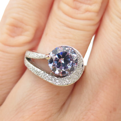 925 Sterling Silver Vintage Round-Cut Lavender C Z Modernist Wave Ring Size 5.25