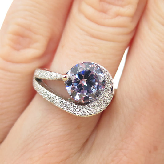 925 Sterling Silver Vintage Round-Cut Lavender C Z Modernist Wave Ring Size 5.25