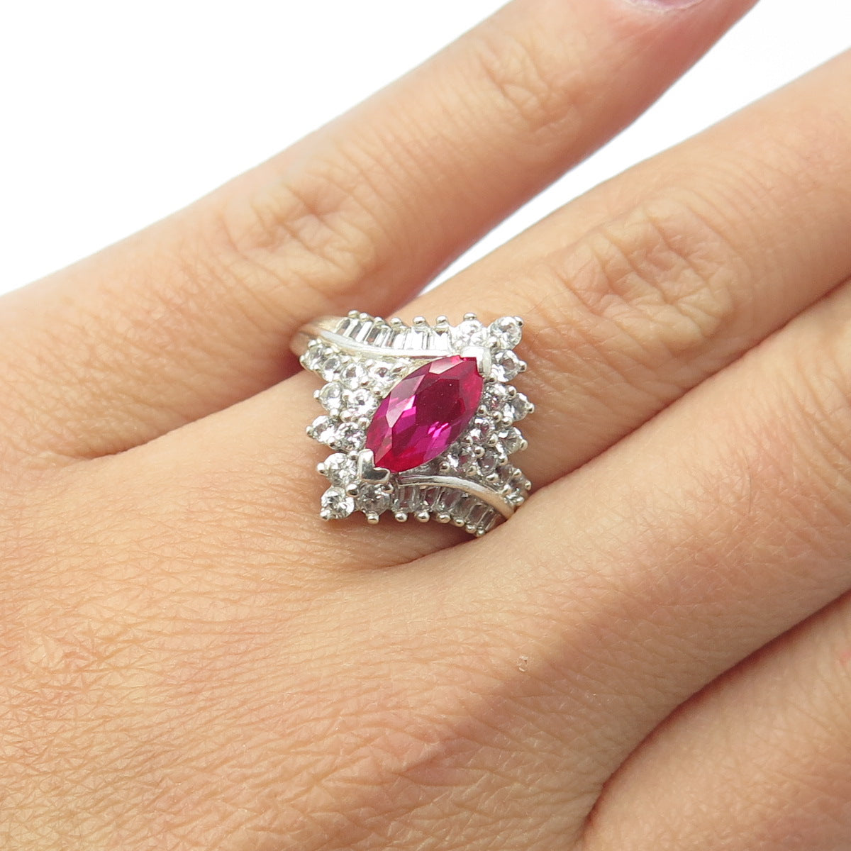 925 Sterling Silver Real White Topaz Gem & Lab-Created Pink Sapphire Ring Size 7