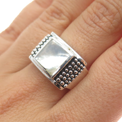 925 Sterling Silver Vintage Real MOP Granulated Oxidized Ring Size 7.75