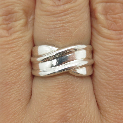 925 Sterling Silver Vintage Modernist Wavy Crisscross Ring Size 7.75