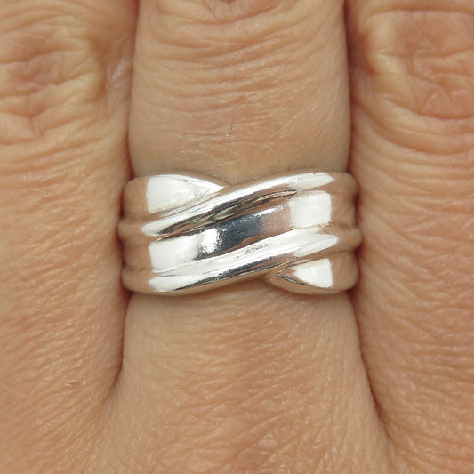 925 Sterling Silver Vintage Modernist Wavy Crisscross Ring Size 7.75
