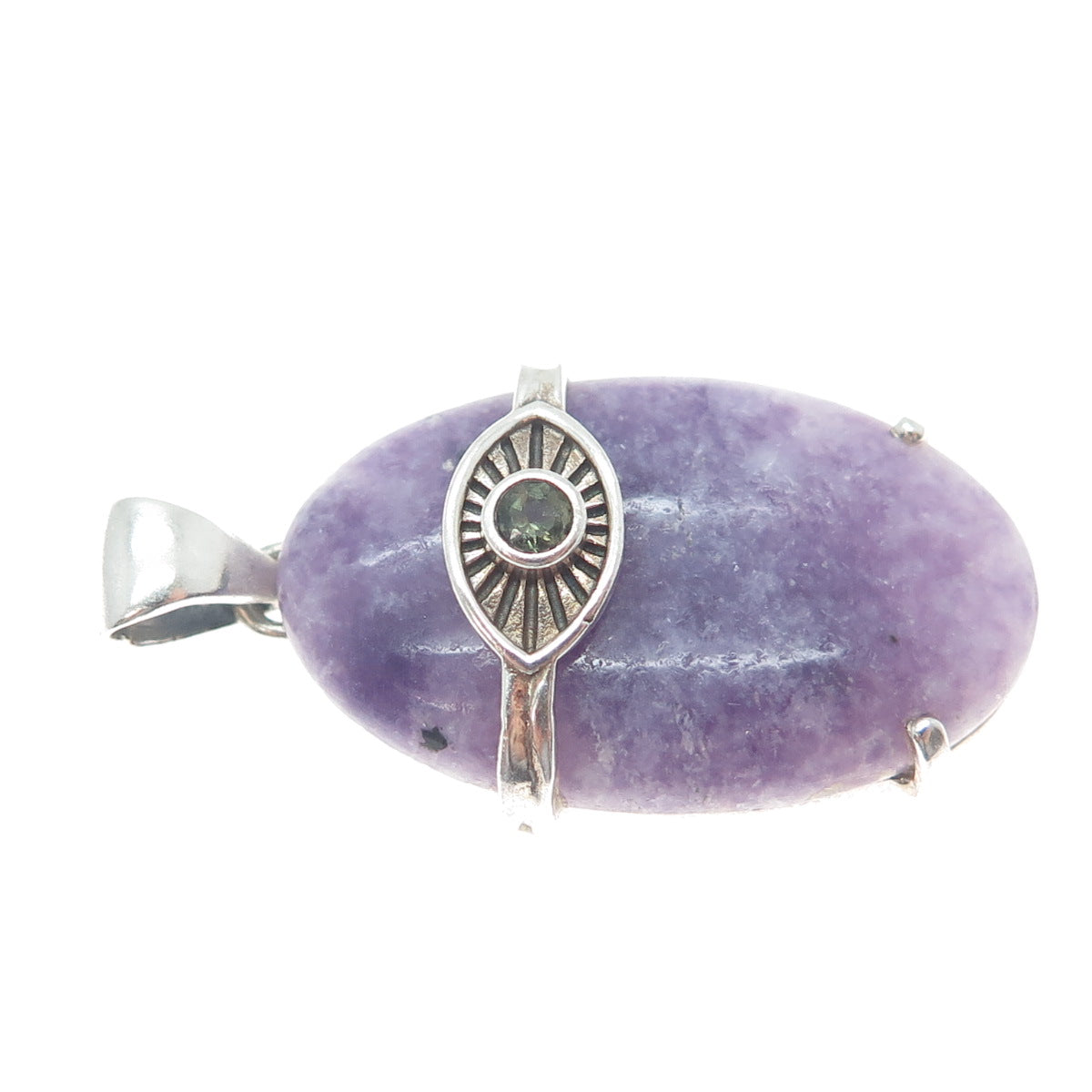 925 Sterling Silver Vintage Real Lepidolite & Peridot Evil's Eye Charm Pendant