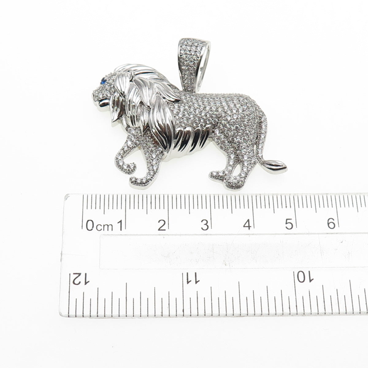 925 Sterling Silver Round-Cut Blue & White C Z Lion Charm Pendant