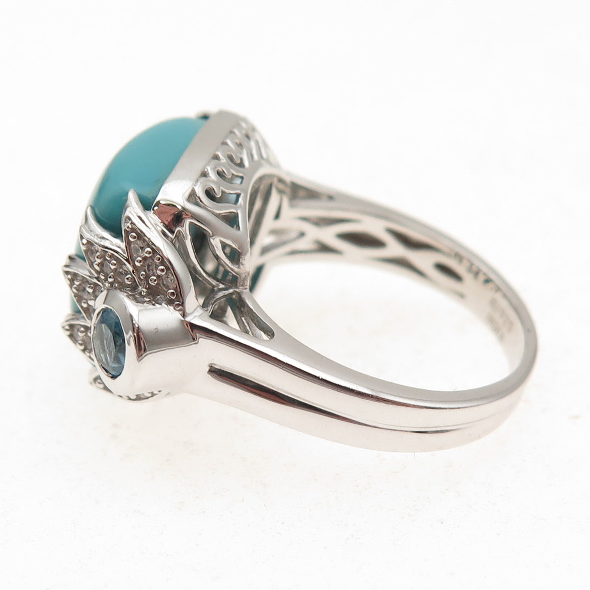 925 Sterling Silver Real Turquoise White & Blue Topaz Ring Size 8.25