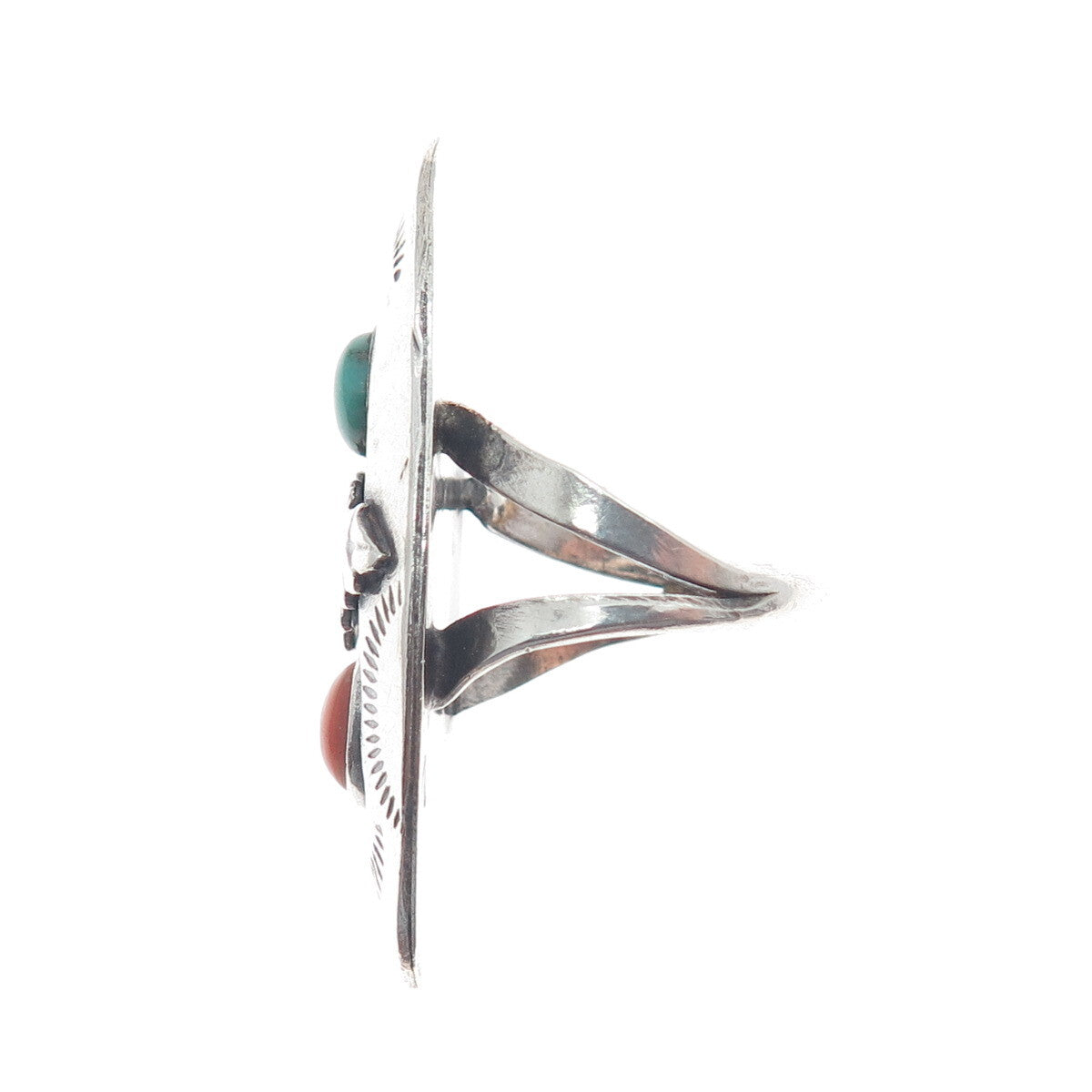 MARGARET LEE Navajo Old Pawn 925 Sterling Turquoise & Coral Ring Size 6.75