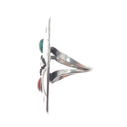 MARGARET LEE Navajo Old Pawn 925 Sterling Turquoise & Coral Ring Size 6.75