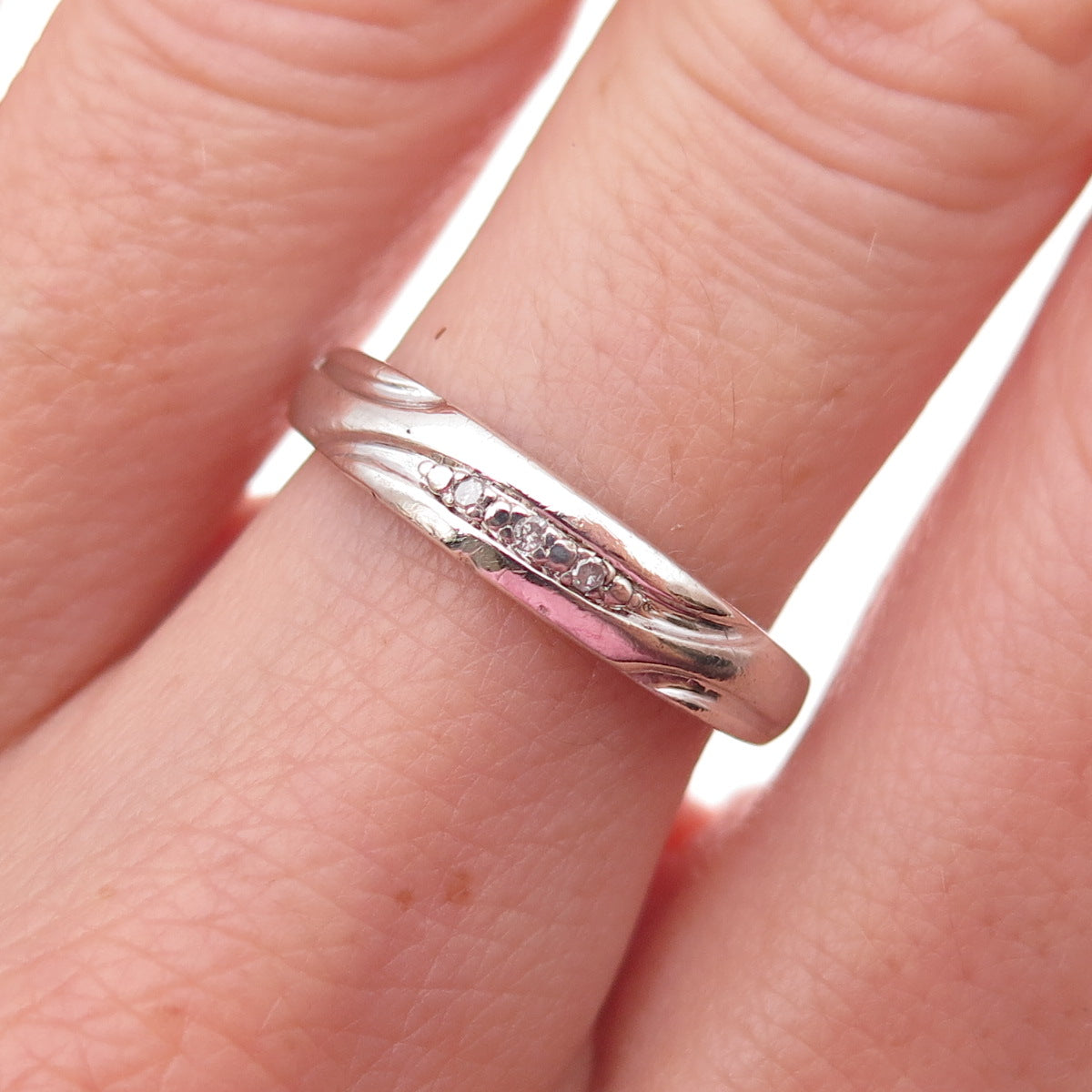 925 Sterling Silver Real Round-Cut Diamond Band Ring Size 7