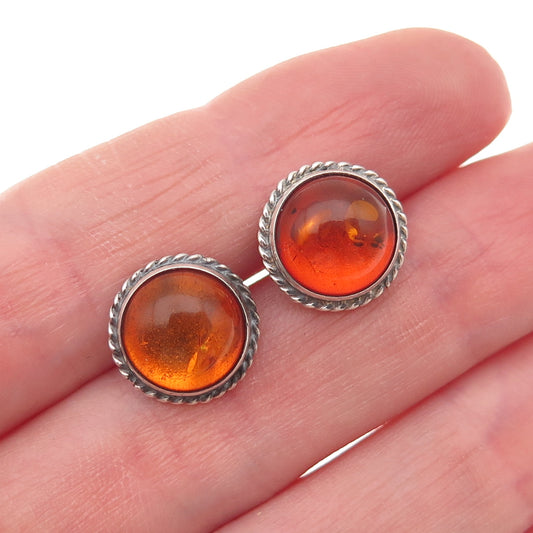925 Sterling Silver Vintage Real Amber Oxidized Stud Earrings