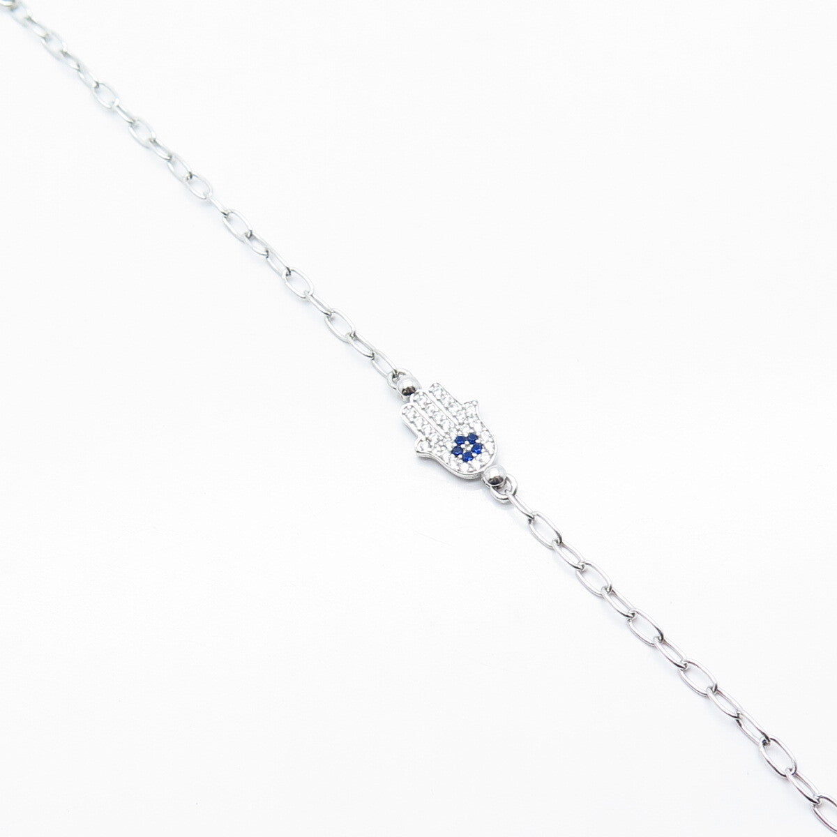 925 Sterling Silver White & Blue C Z Hamsa Rolo Link Bracelet 7.75"