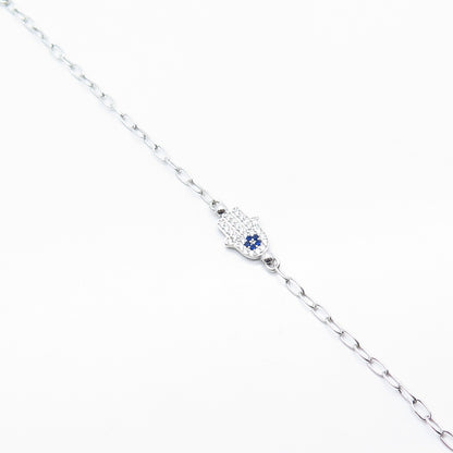 925 Sterling Silver White & Blue C Z Hamsa Rolo Link Bracelet 7.75"