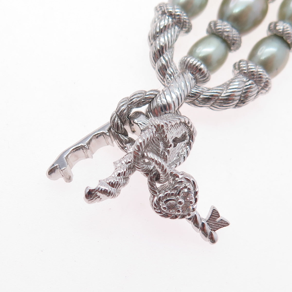 925 Sterling Silver Real Pearl & C Z Heart Key Padlock Dangle Pendant