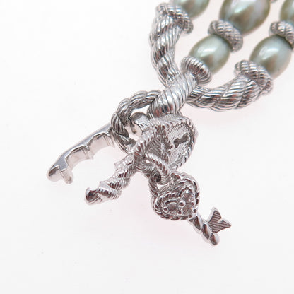 925 Sterling Silver Real Pearl & C Z Heart Key Padlock Dangle Pendant