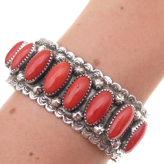 Mary Cayatineto Navajo Old Pawn 925 Sterling Silver Vintage Coral Bracelet 6.5"