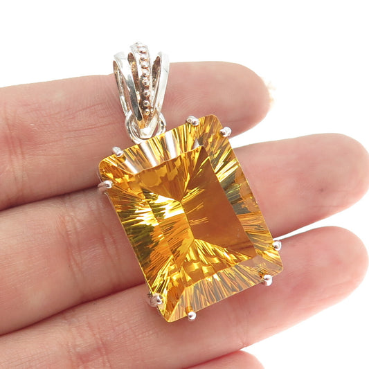 925 Sterling Silver Vintage Emerald-Cut Citrine-Color Glass Pendant