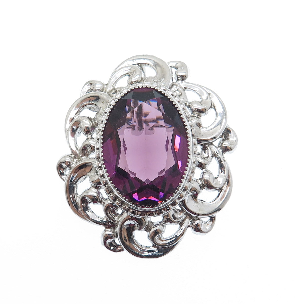DANECRAFT 925 Sterling Silver Antique Real Amethyst Flower Pin Brooch / Pendant