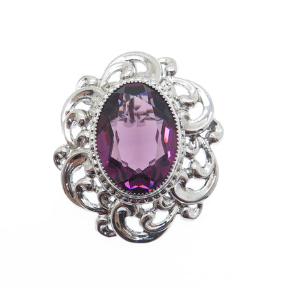 DANECRAFT 925 Sterling Silver Antique Real Amethyst Flower Pin Brooch / Pendant