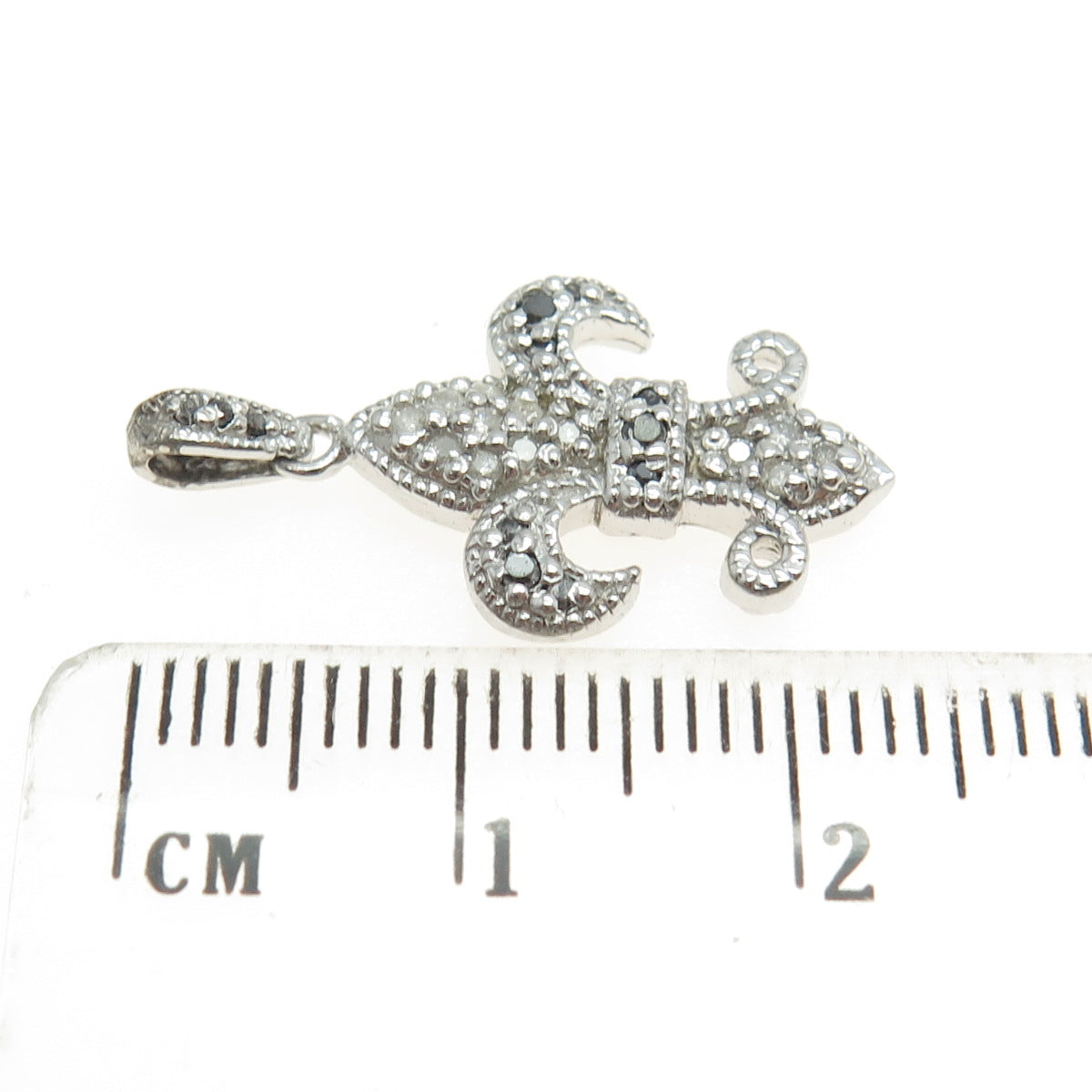 925 Sterling Silver Real Round-Cut Black & White Diamond Fleur de Lis Pendant