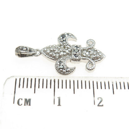 925 Sterling Silver Real Round-Cut Black & White Diamond Fleur de Lis Pendant