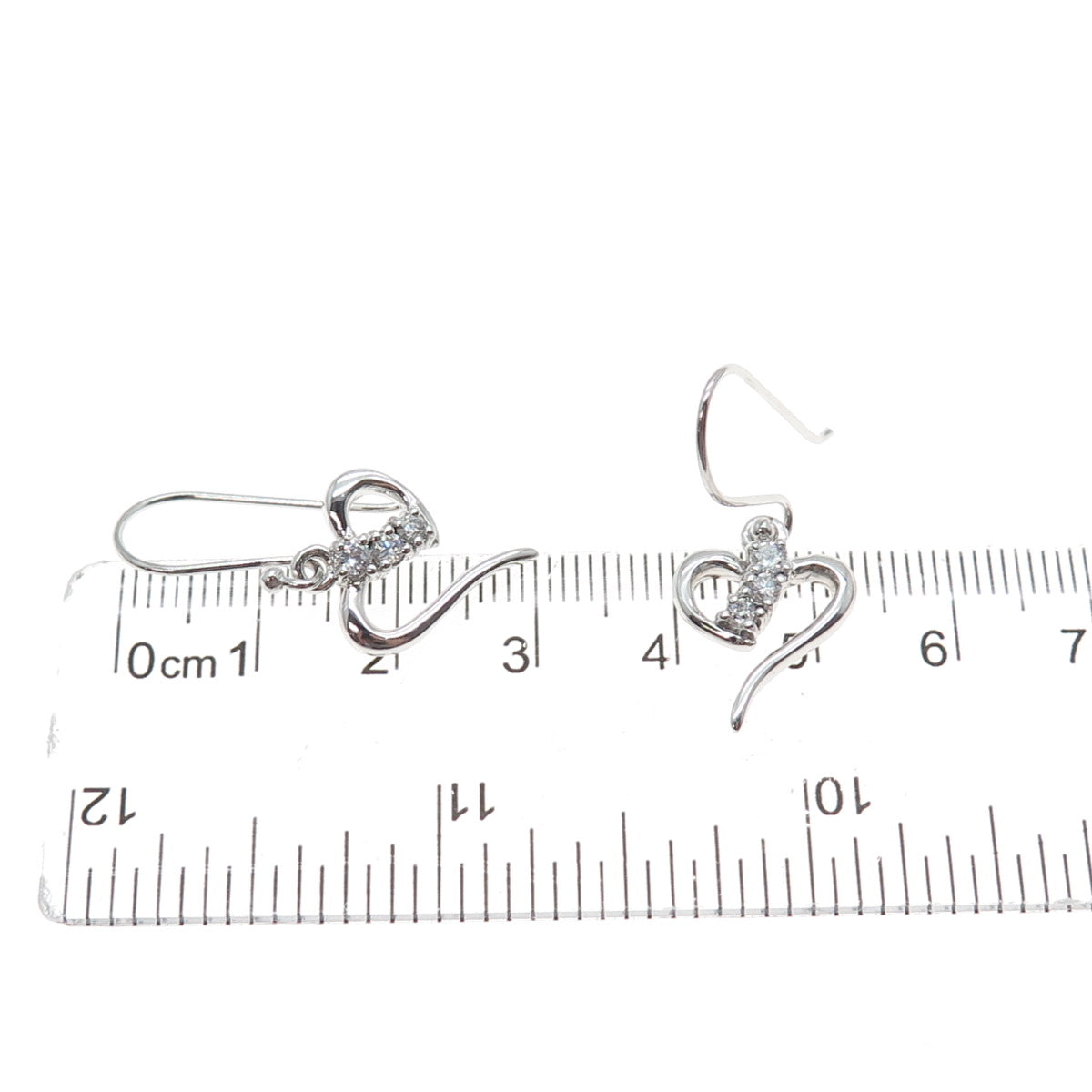 925 Sterling Silver Round-Cut C Z Heart Dangle Earrings