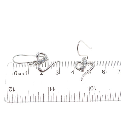 925 Sterling Silver Round-Cut C Z Heart Dangle Earrings