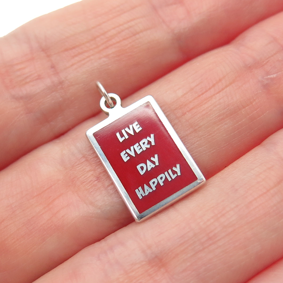 925 Sterling Silver Red Enamel Live Every Day Happily Minimalist Charm Pendant