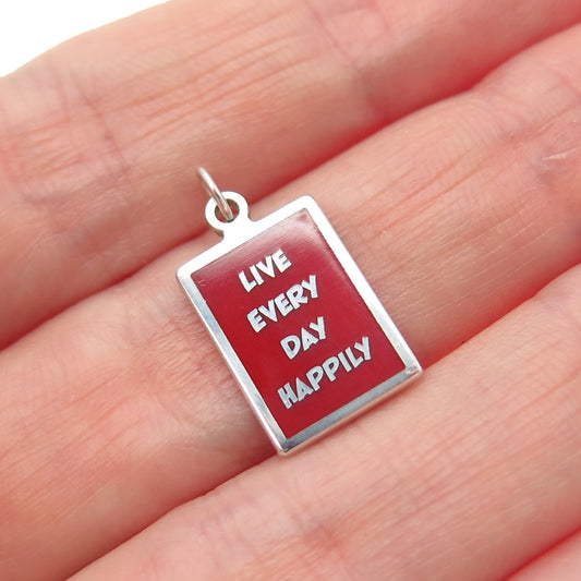 925 Sterling Silver Red Enamel Live Every Day Happily Minimalist Charm Pendant