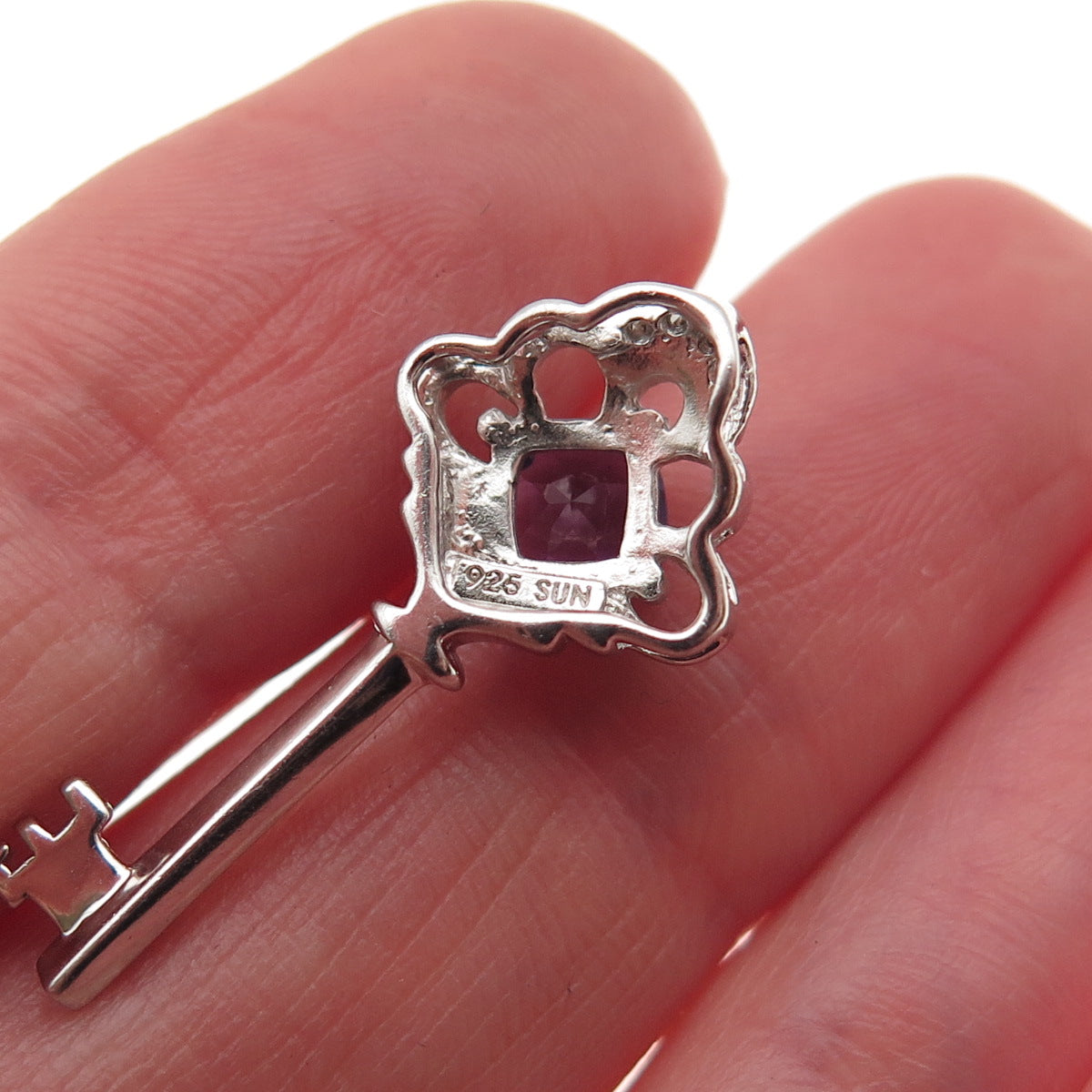 Sun 925 Sterling Silver Real Diamond & Amethyst Floral Key Slide Charm Pendant
