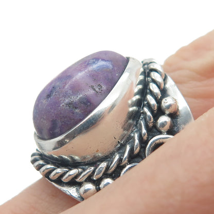 925 Sterling Silver Vintage Real Pear-Cut Sugilite Heart Oxidized Ring Size 8.5