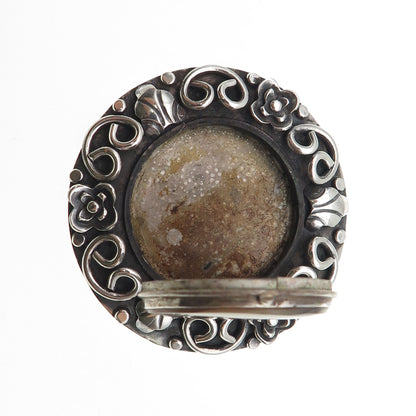925 Sterling Silver Vintage Mexico Real MOP Oxidized Locket Pin Brooch / Pendant