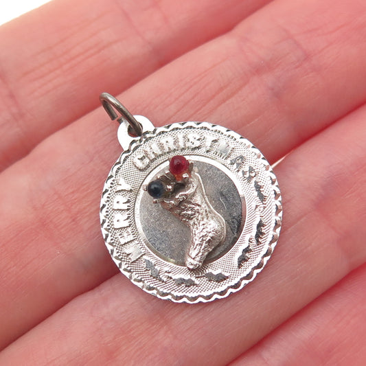 925 Sterling Silver Vintage Multi-Color Rhinestone Christmas Stocking Pendant