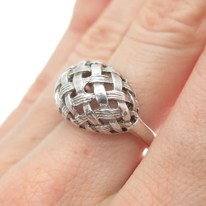 925 Sterling Silver Vintage Modernist Woven Dome Oxidized Ring Size 7