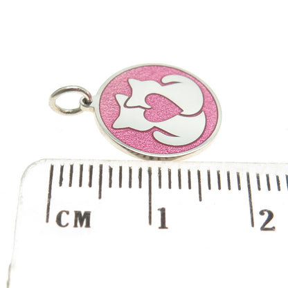 925 Sterling Silver Pink Enamel Cat Love Round Tag Minimalist Charm Pendant