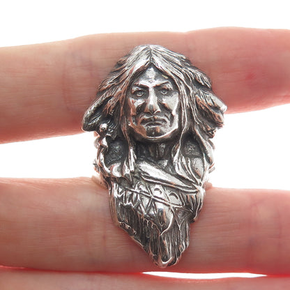 925 Sterling Silver Vintage Indian Chief Statement Oxidized Ring Size 10.5