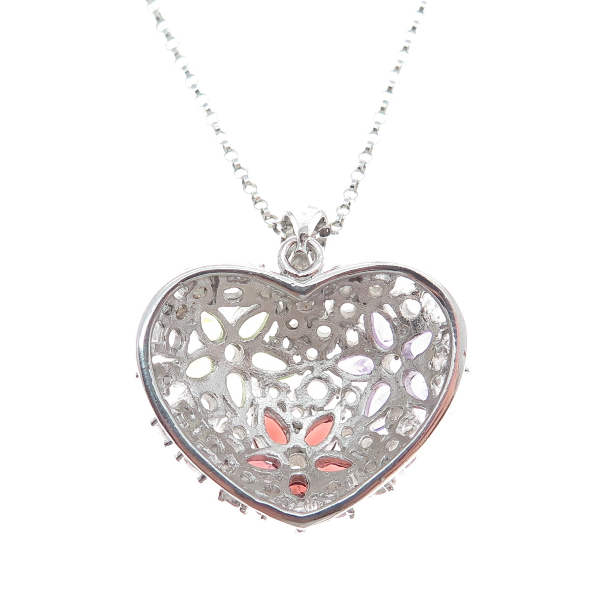925 Sterling Silver Real Amethyst Topaz Peridot Garnet Heart Chain Necklace 18"