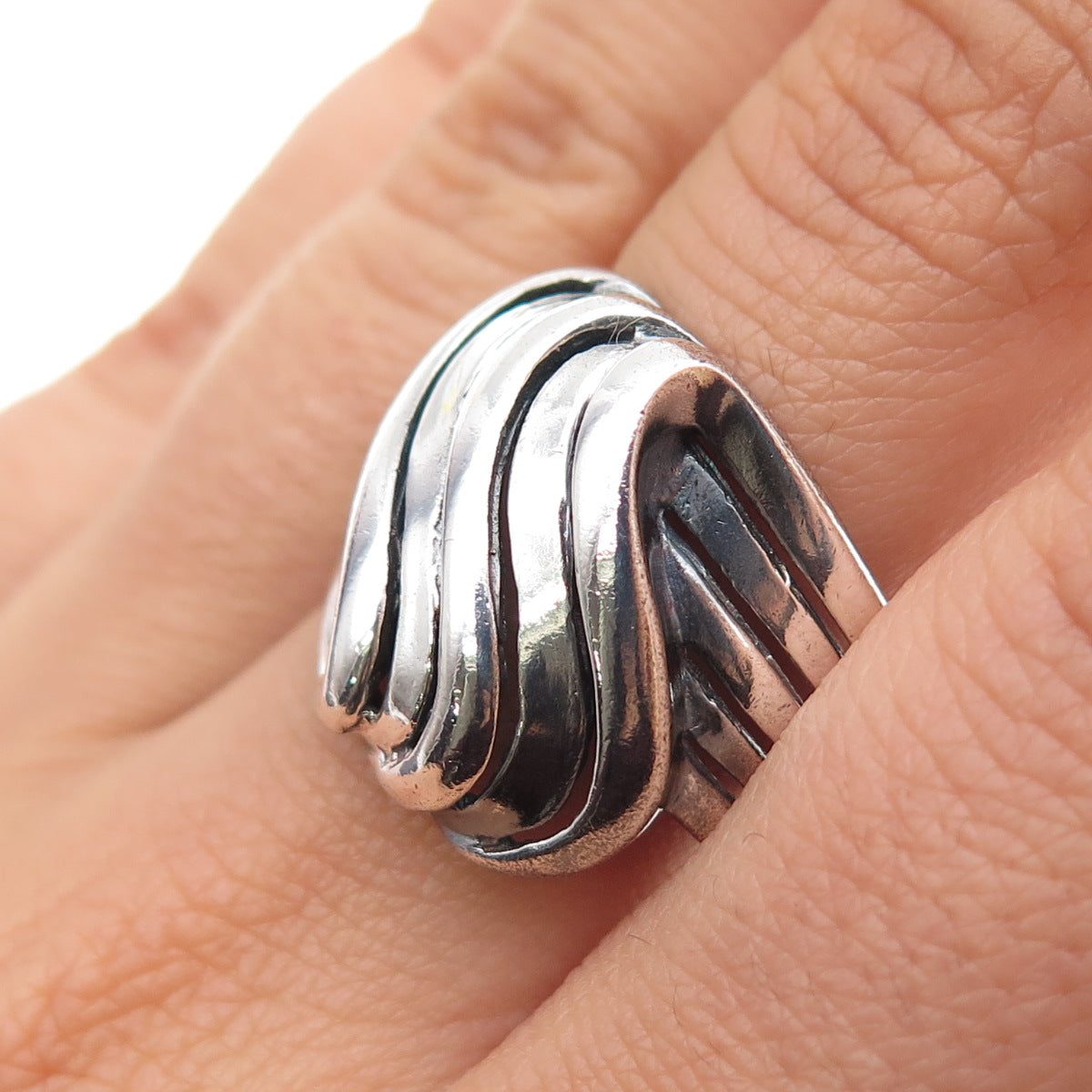 925 Sterling Silver Vintage Modernist Wavy Oxidized Ring Size 8.75