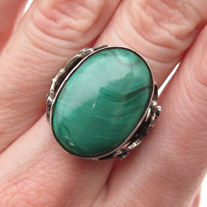 925 Sterling Silver Antique Art Deco Real Malachite Floral Oxidized Ring Size 7