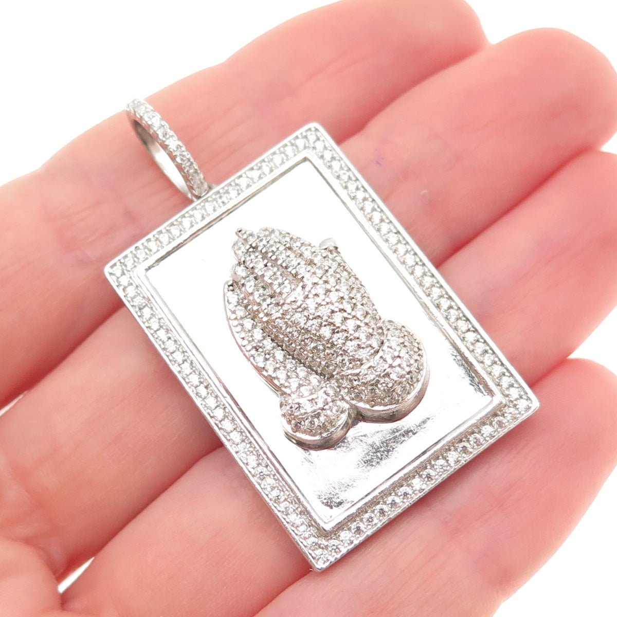 925 Sterling Silver Round-Cut C Z Prayer Hands Charm Pendant