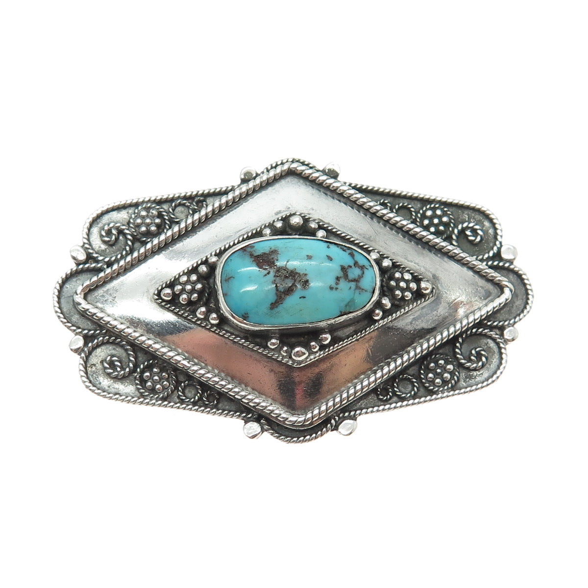 925 Sterling Silver Antique Israel Real Turquoise Granulated Oxidized Pin Brooch