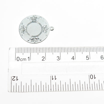 925 Sterling Silver Vintage Engraved Floral Round Tag Charm Pendant
