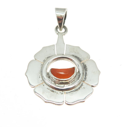 925 Sterling Silver Vintage Real Carnelian Modernist Flower Pendant