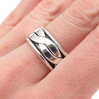 925 Sterling Silver Vintage Mexico Woven Oxidized Rotating Band Ring Size 9.75