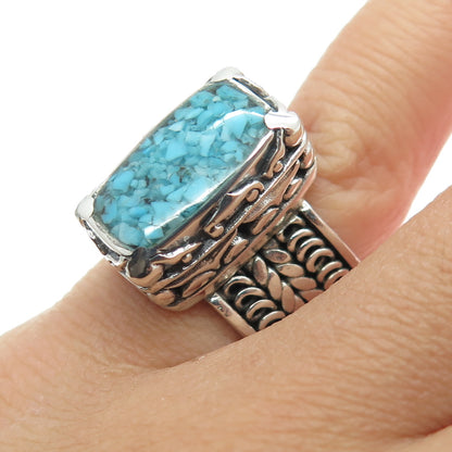 925 Sterling Silver Vintage Real Turquoise Gem Inlay Ethnic Ring Size 6.25