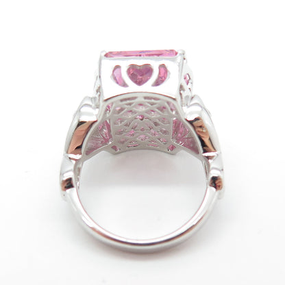 925 Sterling Silver Pink C Z Heart Ornate Statement Ring Size 7.5