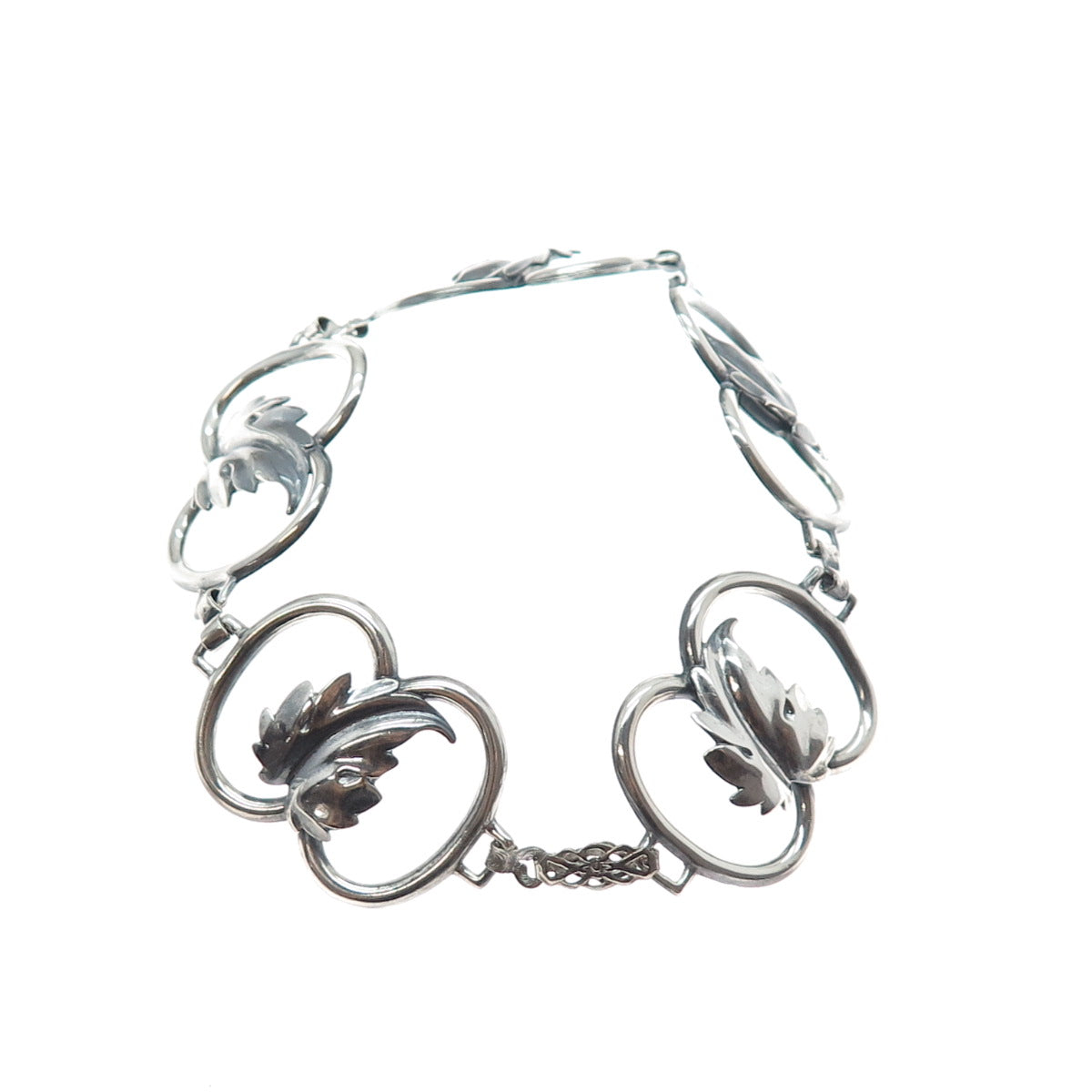 BEAU 925 Sterling Silver Antique Art Deco Floral Leaf Link Bracelet 6.75"