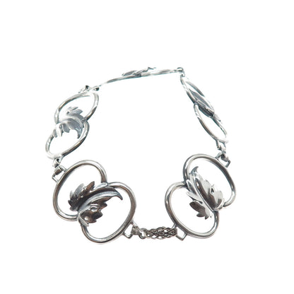 BEAU 925 Sterling Silver Antique Art Deco Floral Leaf Link Bracelet 6.75"