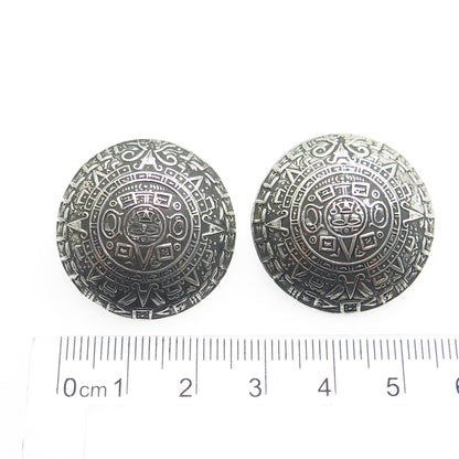 925 Sterling Silver Vintage Mexico Mayan Calendar Oxidized Clip On Earrings