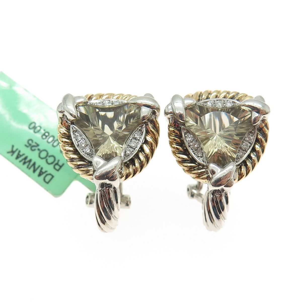 DANWAK 18K Gold Sterling 18 Diamond 0.09ct & 2 Quartz 3.46ct Omega Back Earrings