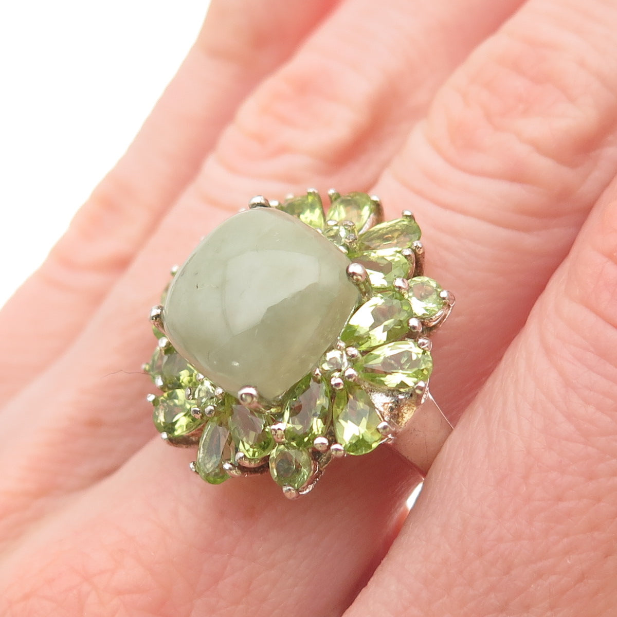 925 Sterling Silver Real Jade & Peridot Cluster Ring Size 8.25