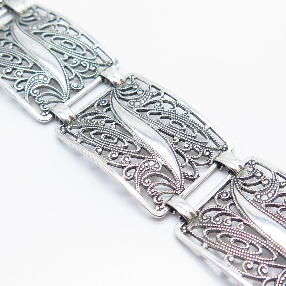 925 Sterling Silver Vintage Filigree Panel Link Bracelet 7"